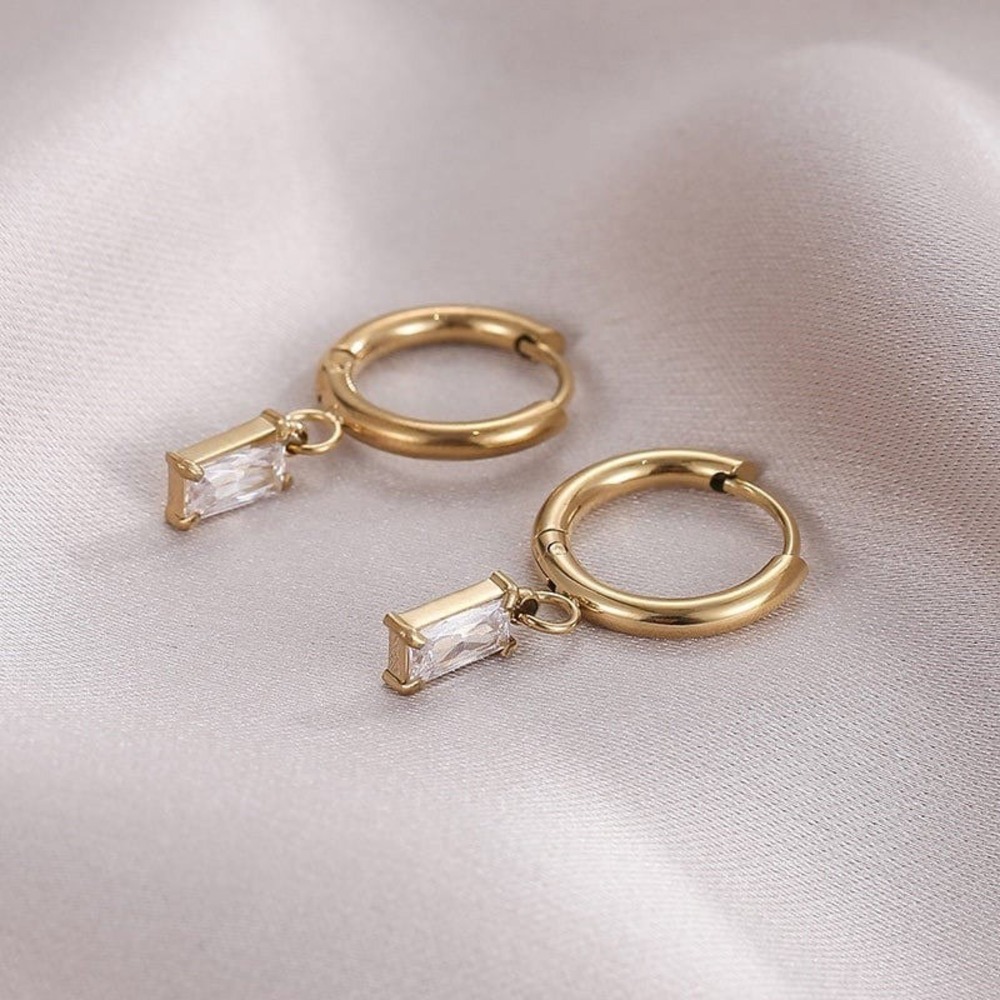 Gold Titanium Steel Huggie Hoop Earrings Clear Baguette CZ Dangle